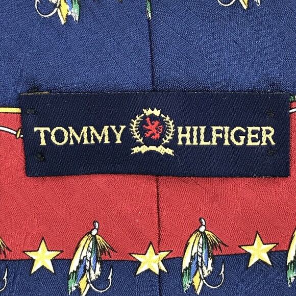 Tommy Hilfiger Silk Tie Mens Red Blue Fly Fishing Lures Stars Outdoor Sports - Picture 2 of 5